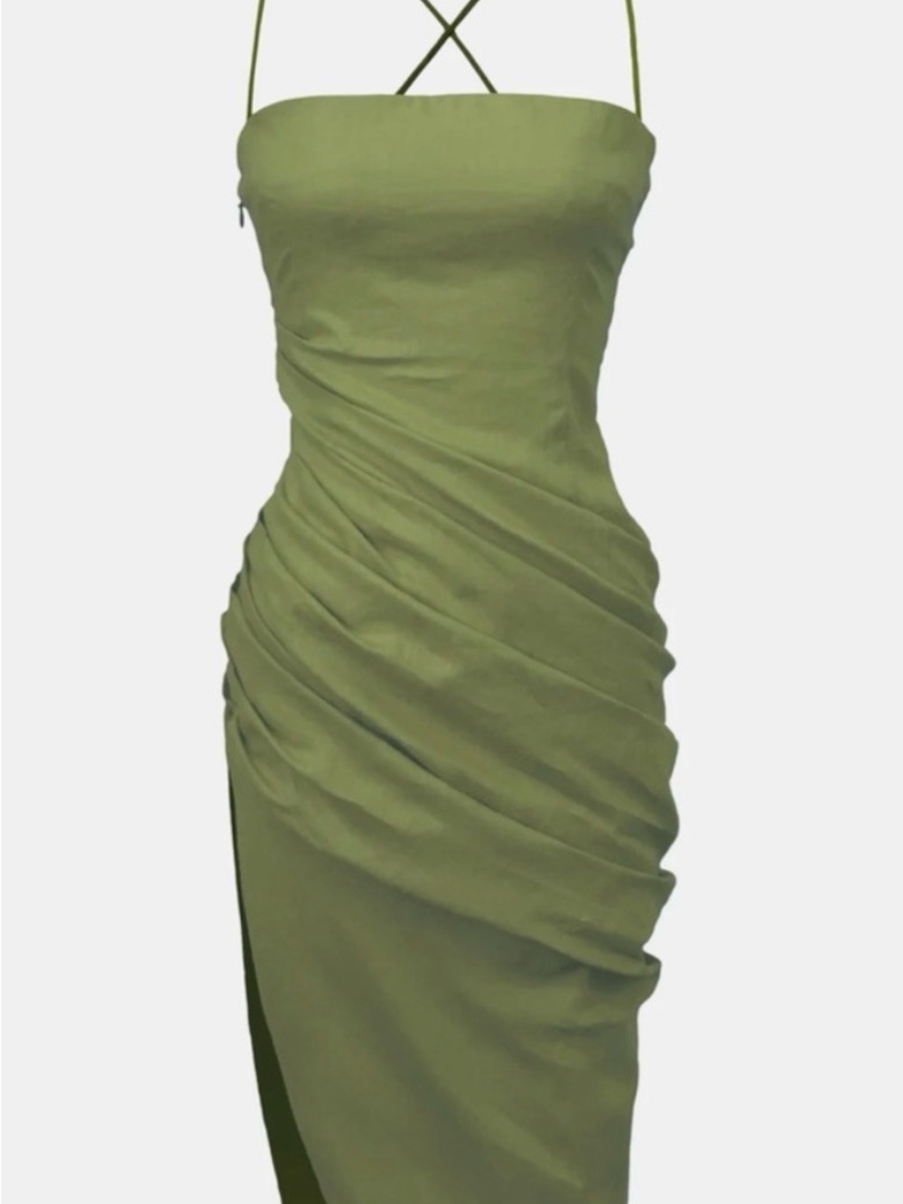 Olive Green Ruched Strapless Midi Dress with Cross-Back Straps